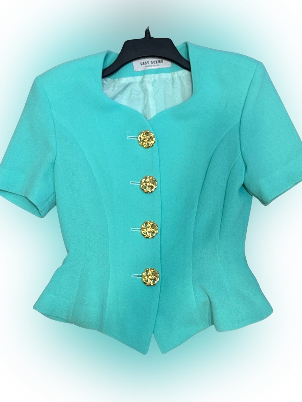 Vtg 80’s/90 Turquoise Short Sleeve Peplum Jacket w/Gold Buttons & Shoulder Pads